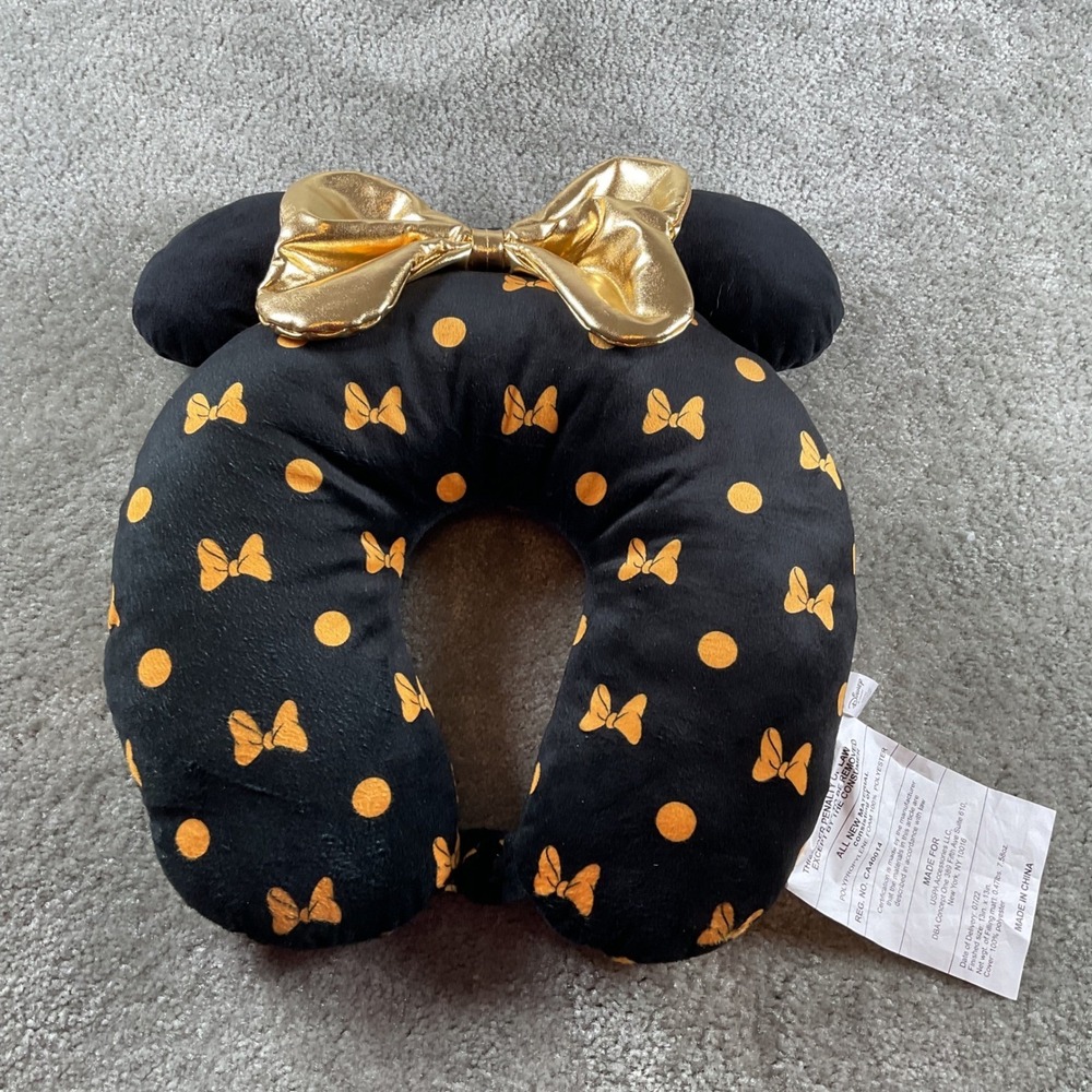 Disney Minnie‎ Mouse Travel Pillow U Shape Black Gold Polka Dot Bow Neck Rest